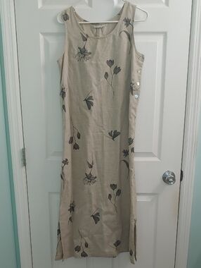 Vintage Sweet Jessie Tan Linen Floral Midi Dress Women's Size S/M